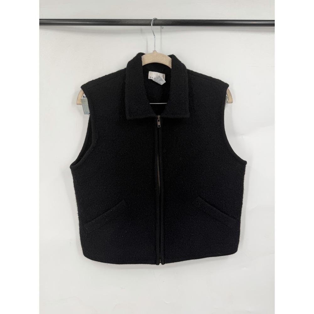 VTG K.B Collections 100% Wool Zip Sweater Vest Women M Black Crop Boiled Wool
